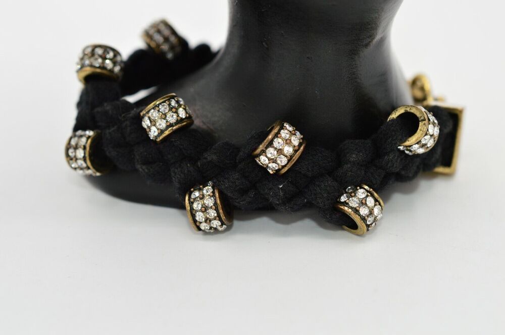 J.Crew Statement Bracelet Fabric Braided Black Cable Crystal Bronze Chunky BinO